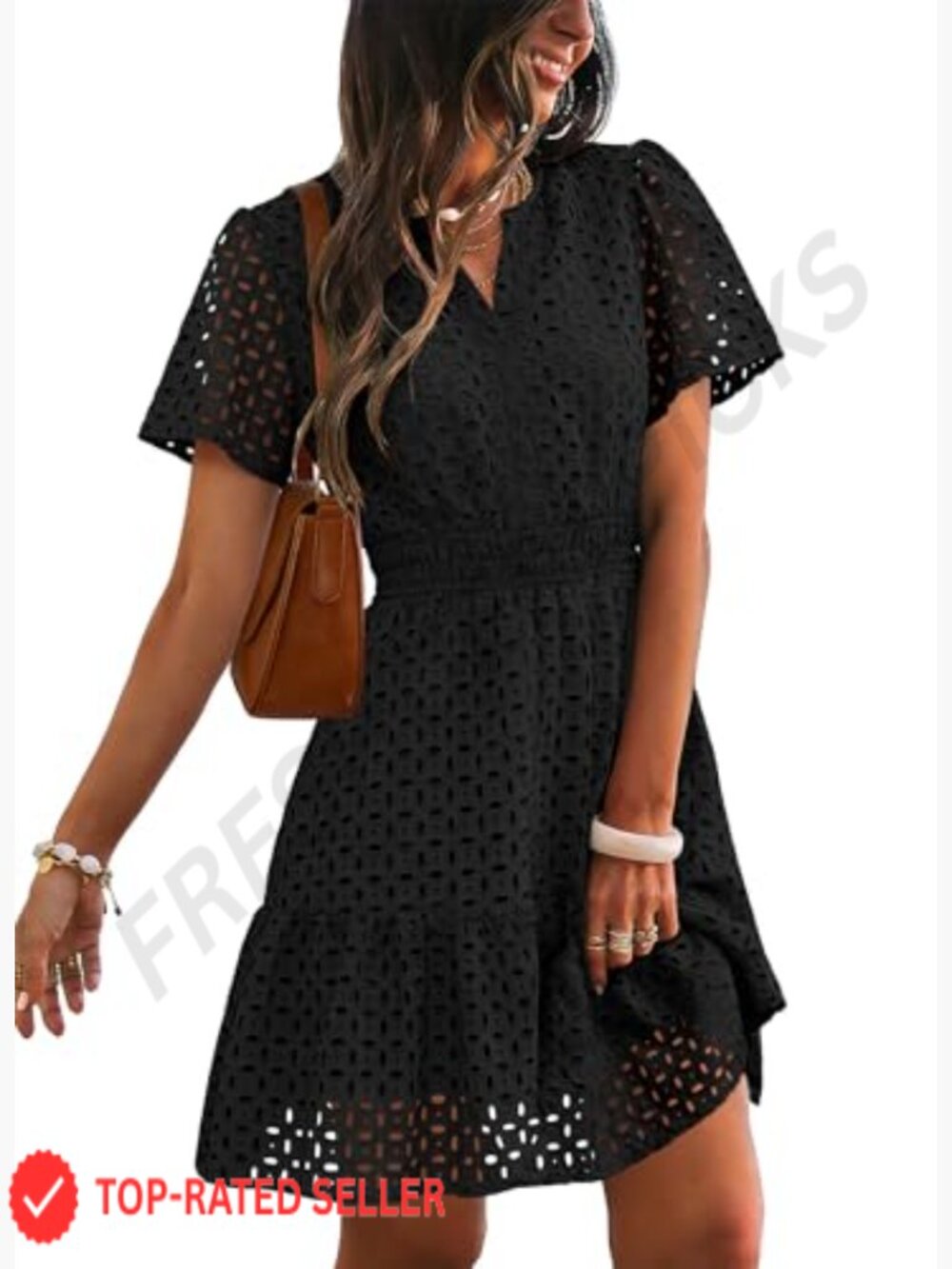Summer V Neck Eyelet Lace A Line Mini Dress Short Puff Sleeve Ruffle Hem - Picture 3 of 7
